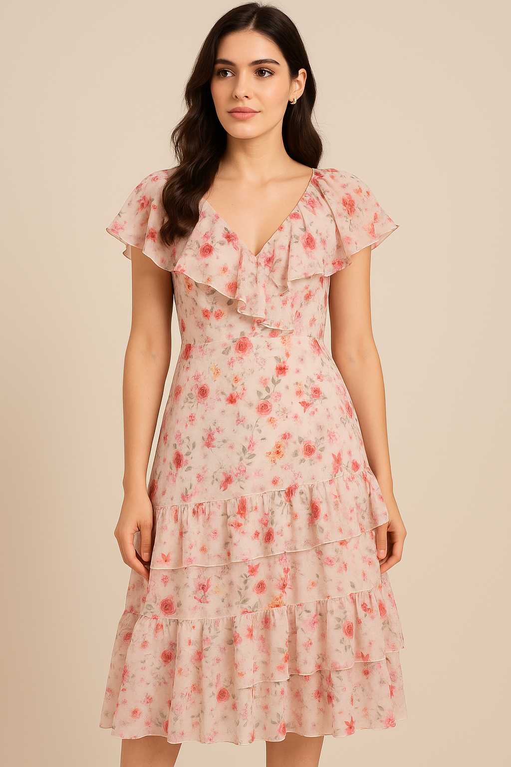 Beautifull Red And Pink Camellia Rose Of Branch Digital Printed Fabric - Pure Georgette