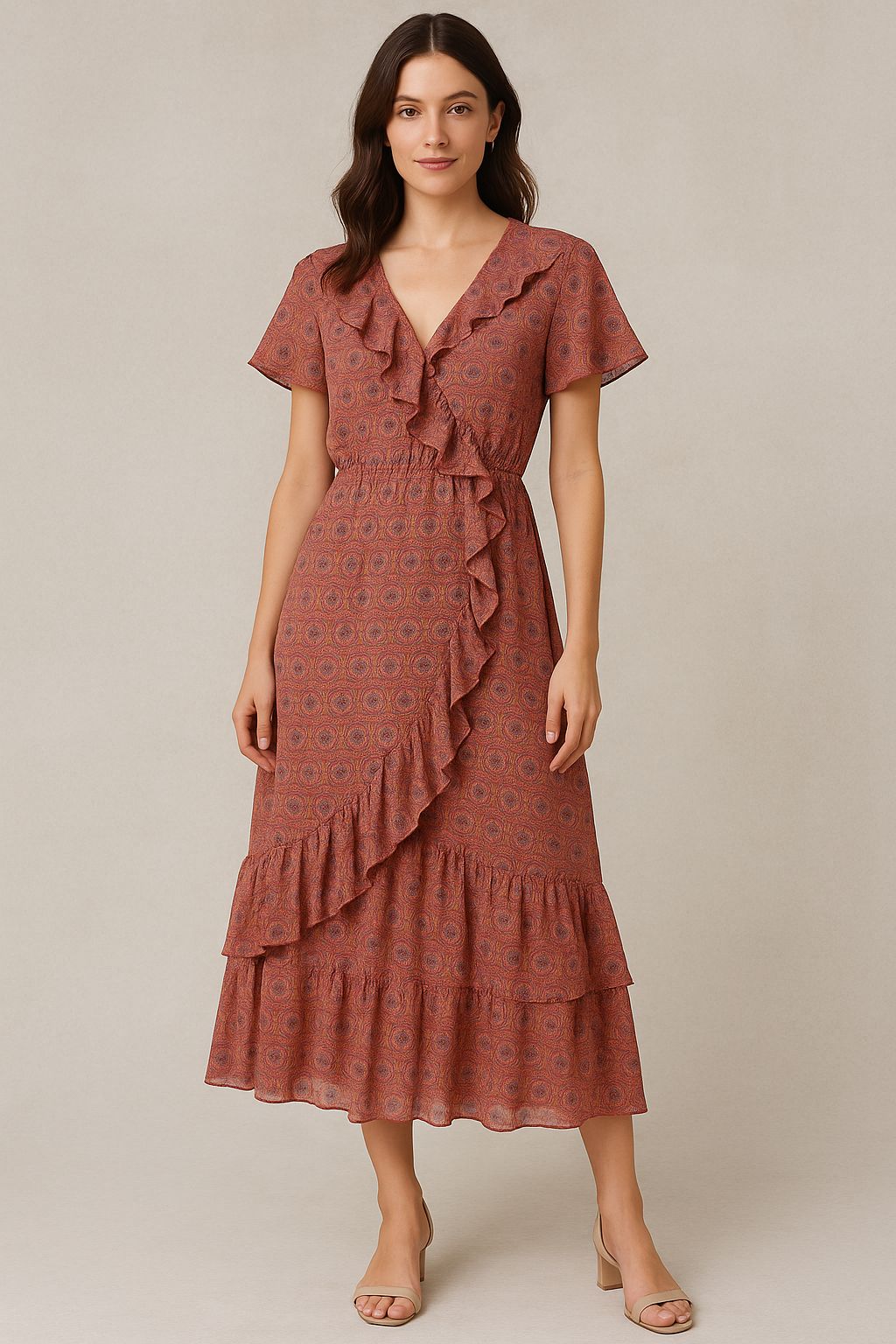 Decorative Quatrefoil With Red Flower Digital Printed Fabric - Pure Georgette