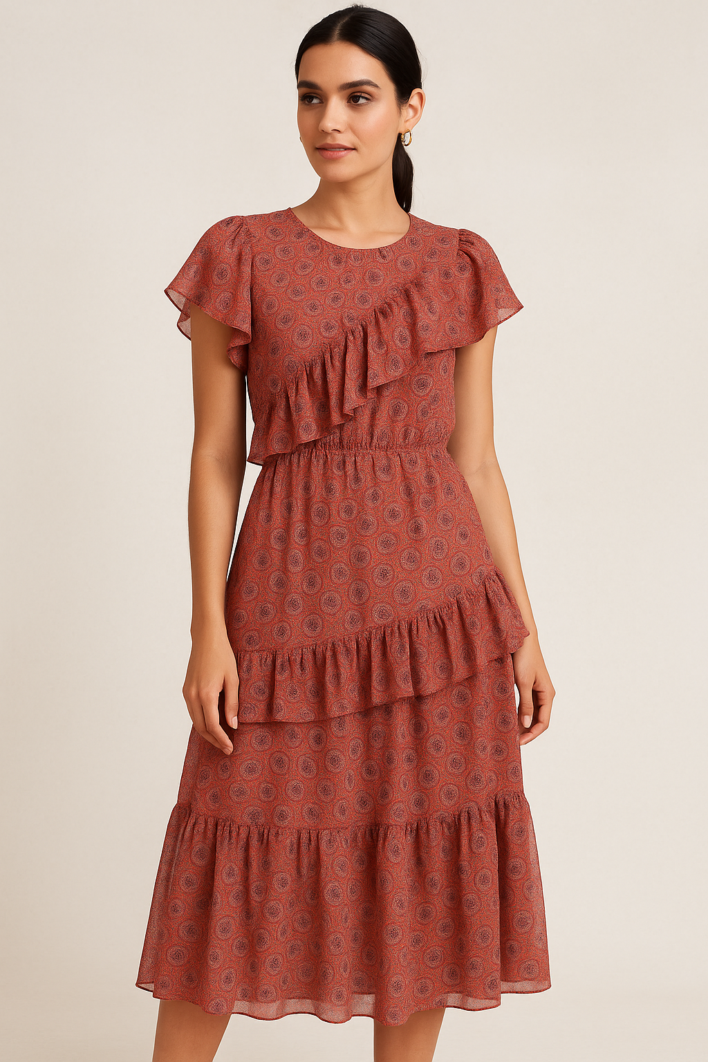 Decorative Quatrefoil With Red Flower Digital Printed Fabric - Pure Georgette