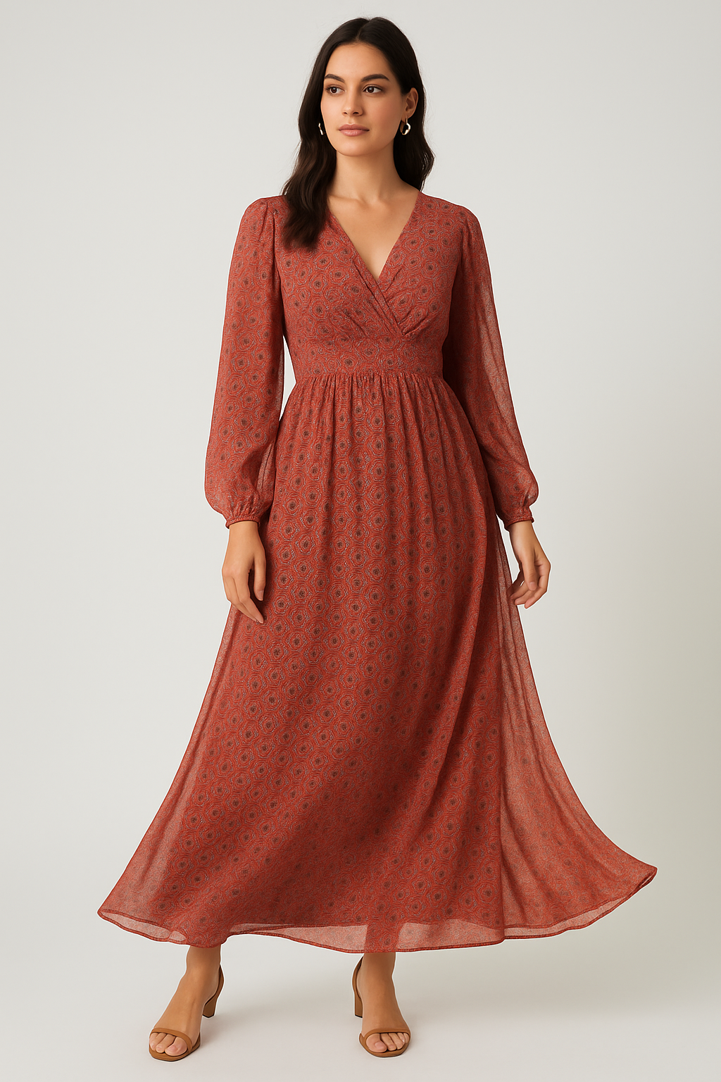 Decorative Quatrefoil With Red Flower Digital Printed Fabric - Pure Georgette