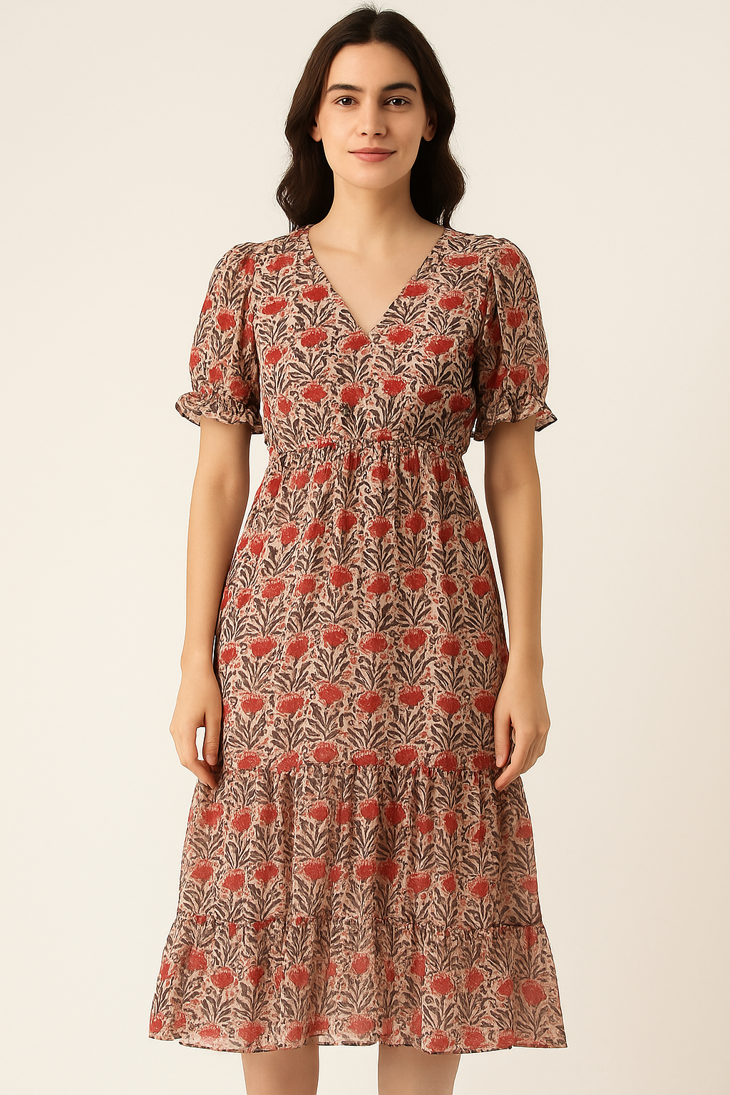 Seamless Opposite Red Flower Pattern Digital Printed Fabric - Pure Georgette