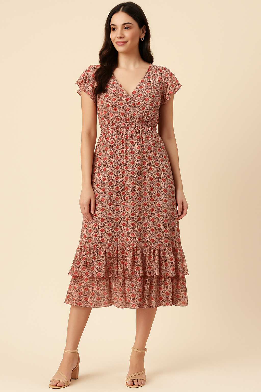 Seamless Opposite Red Flower Pattern Digital Printed Fabric - Pure Georgette