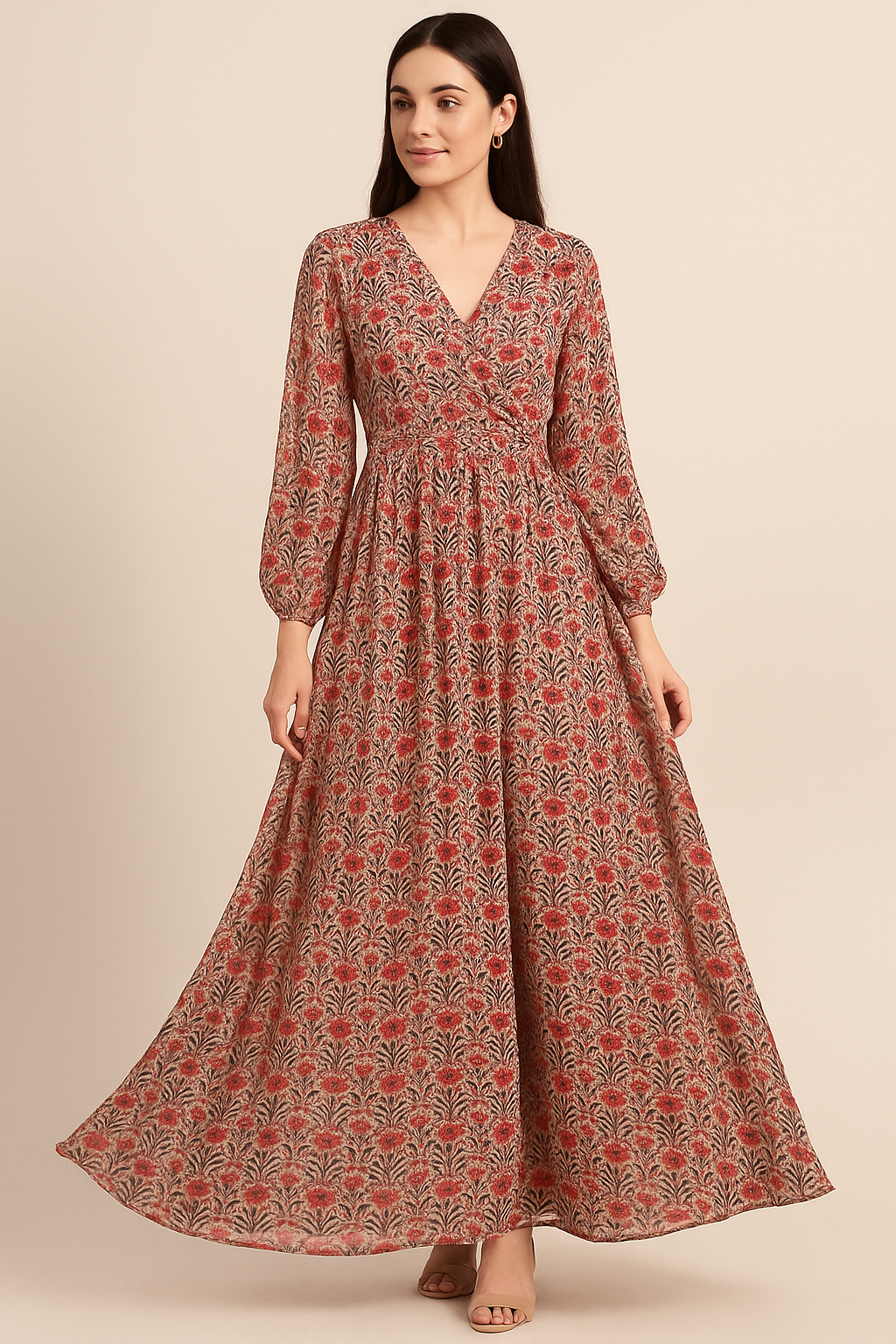 Seamless Opposite Red Flower Pattern Digital Printed Fabric - Pure Georgette