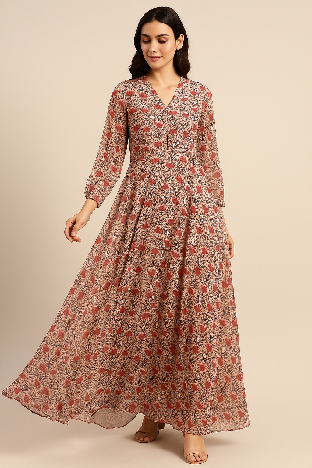 Seamless Opposite Red Flower Pattern Digital Printed Fabric - Pure Georgette