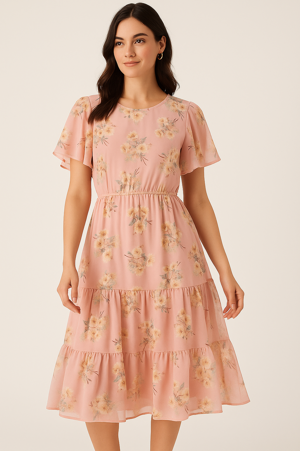 Camellia With Watusi Colour Digital Printed Fabric - Pure Georgette