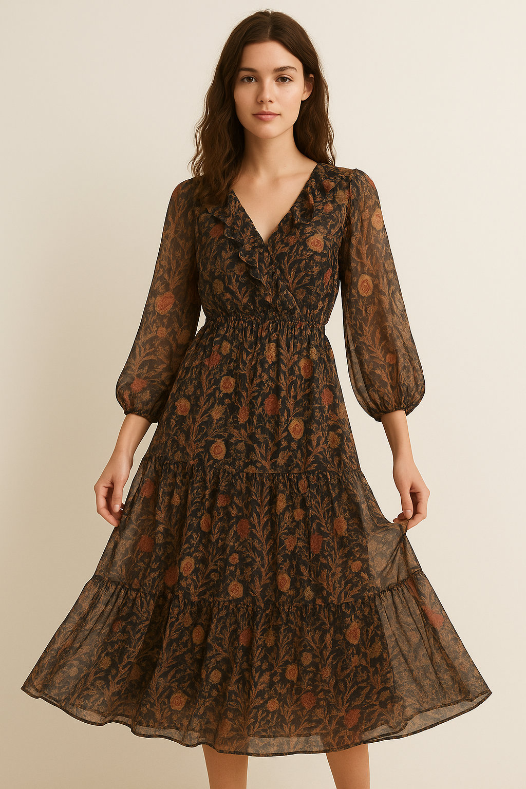 Japanese Chinoiserie Natural Digital Printed Fabric - Pure Georgette