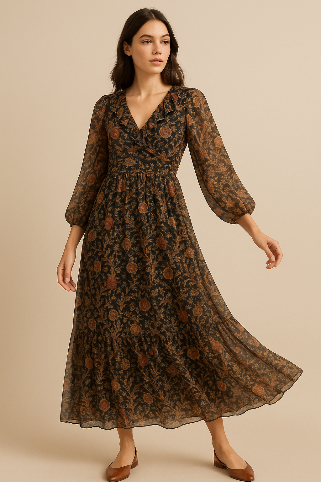 Japanese Chinoiserie Natural Digital Printed Fabric - Pure Georgette