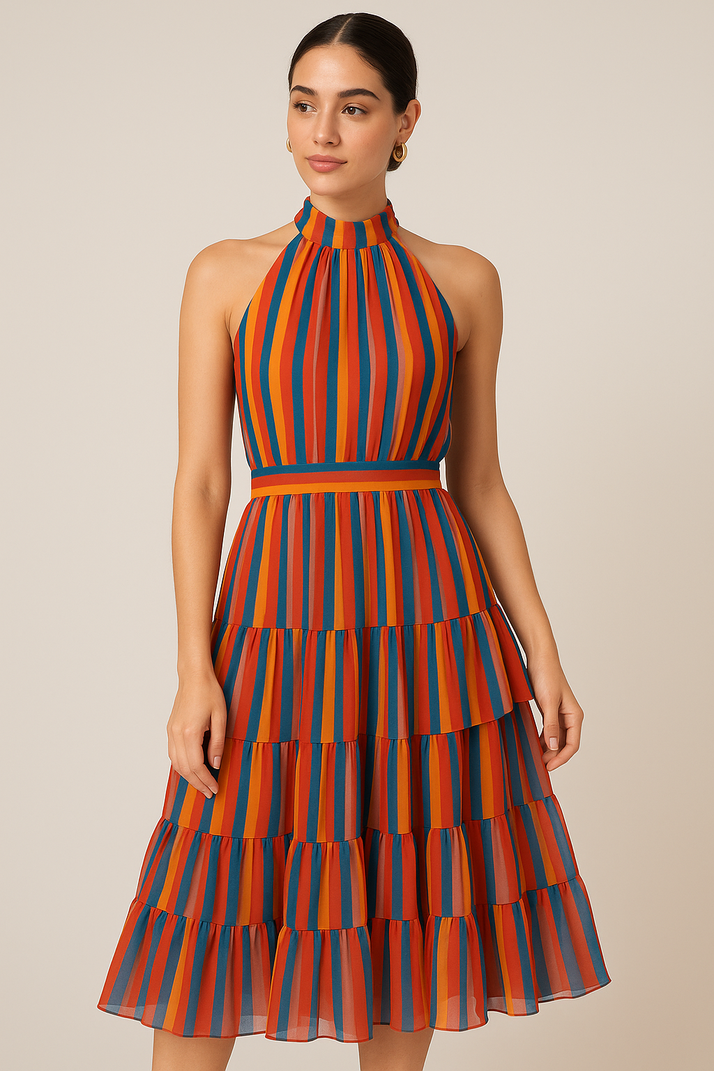 Rainbow Colourful Breton Stripes Digital Printed Fabric - Pure Georgette