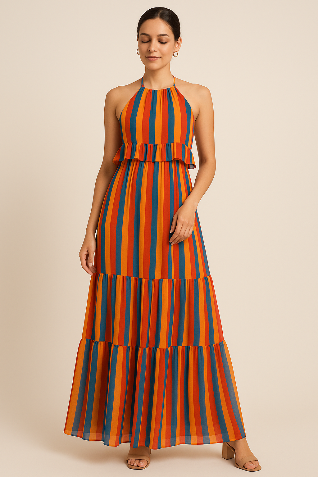 Rainbow Colourful Breton Stripes Digital Printed Fabric - Pure Georgette