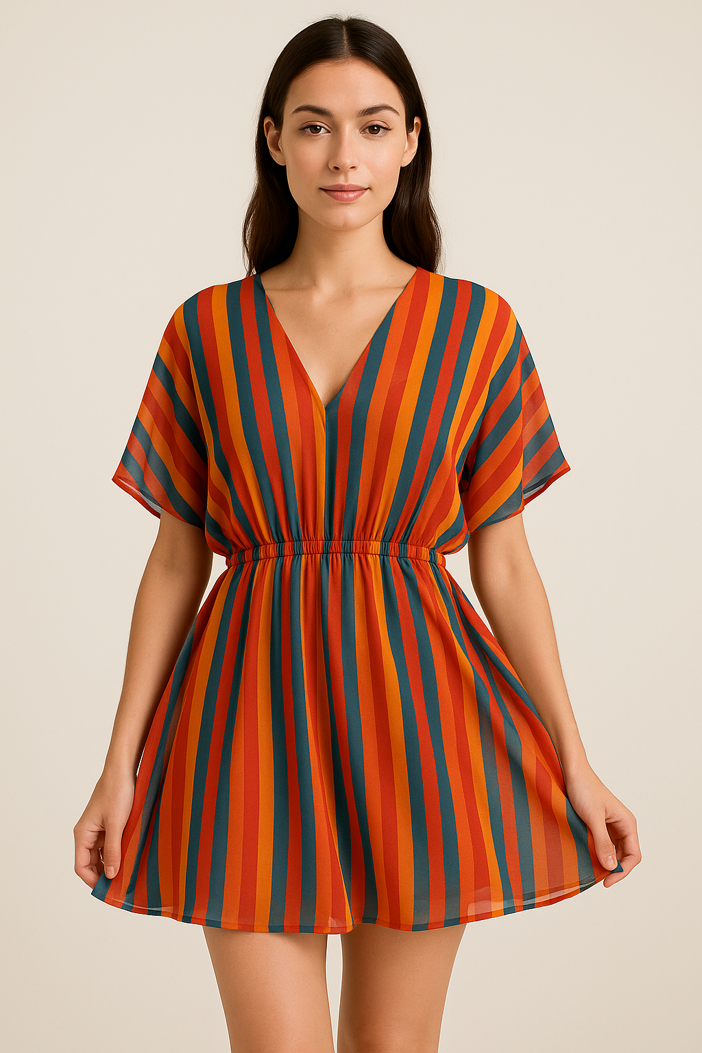 Rainbow Colourful Breton Stripes Digital Printed Fabric - Pure Georgette