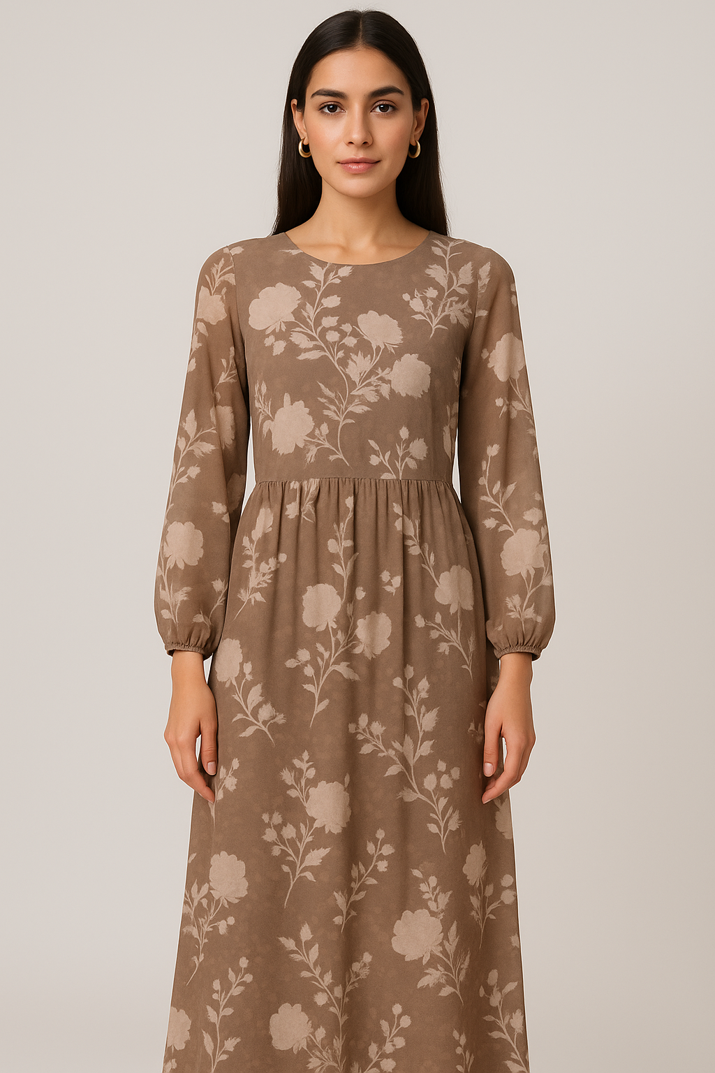 Beautiful Brown Floral Branch Digital Printed Fabric - Pure Georgette