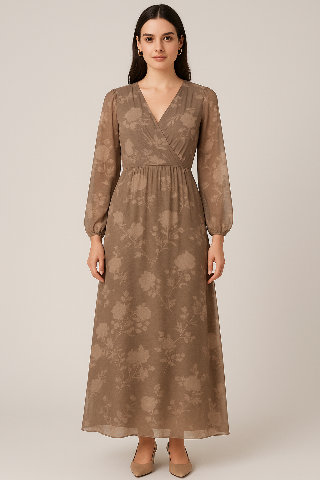 Beautiful Brown Floral Branch Digital Printed Fabric - Pure Georgette