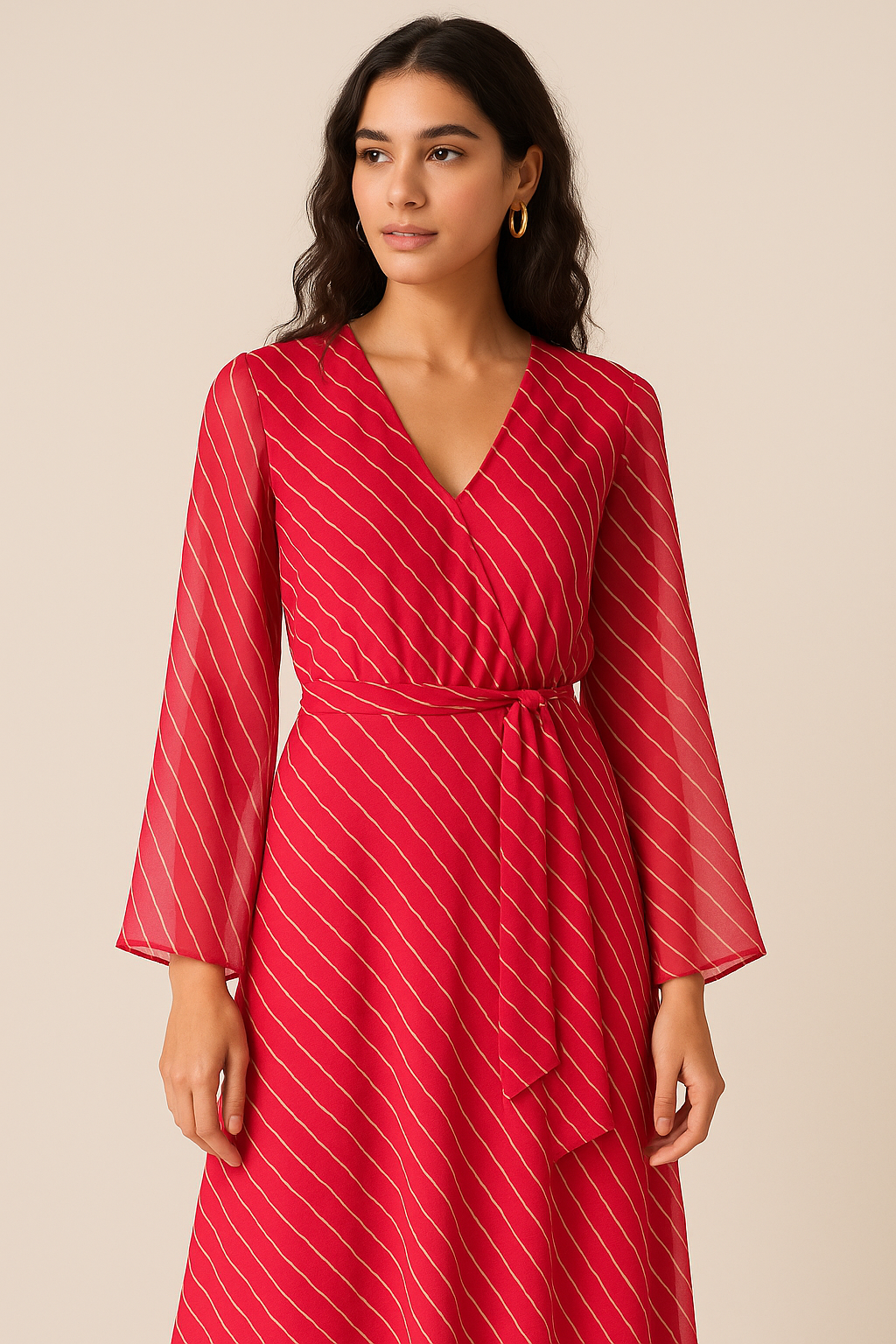 Multi Regimental Red Strips Digital Printed Fabric - Pure Georgette