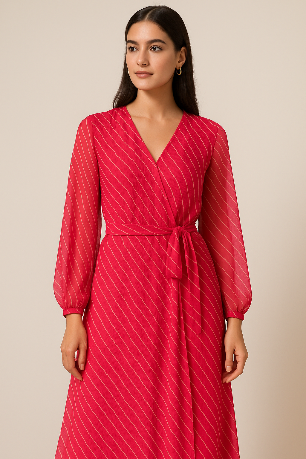 Multi Regimental Red Strips Digital Printed Fabric - Pure Georgette