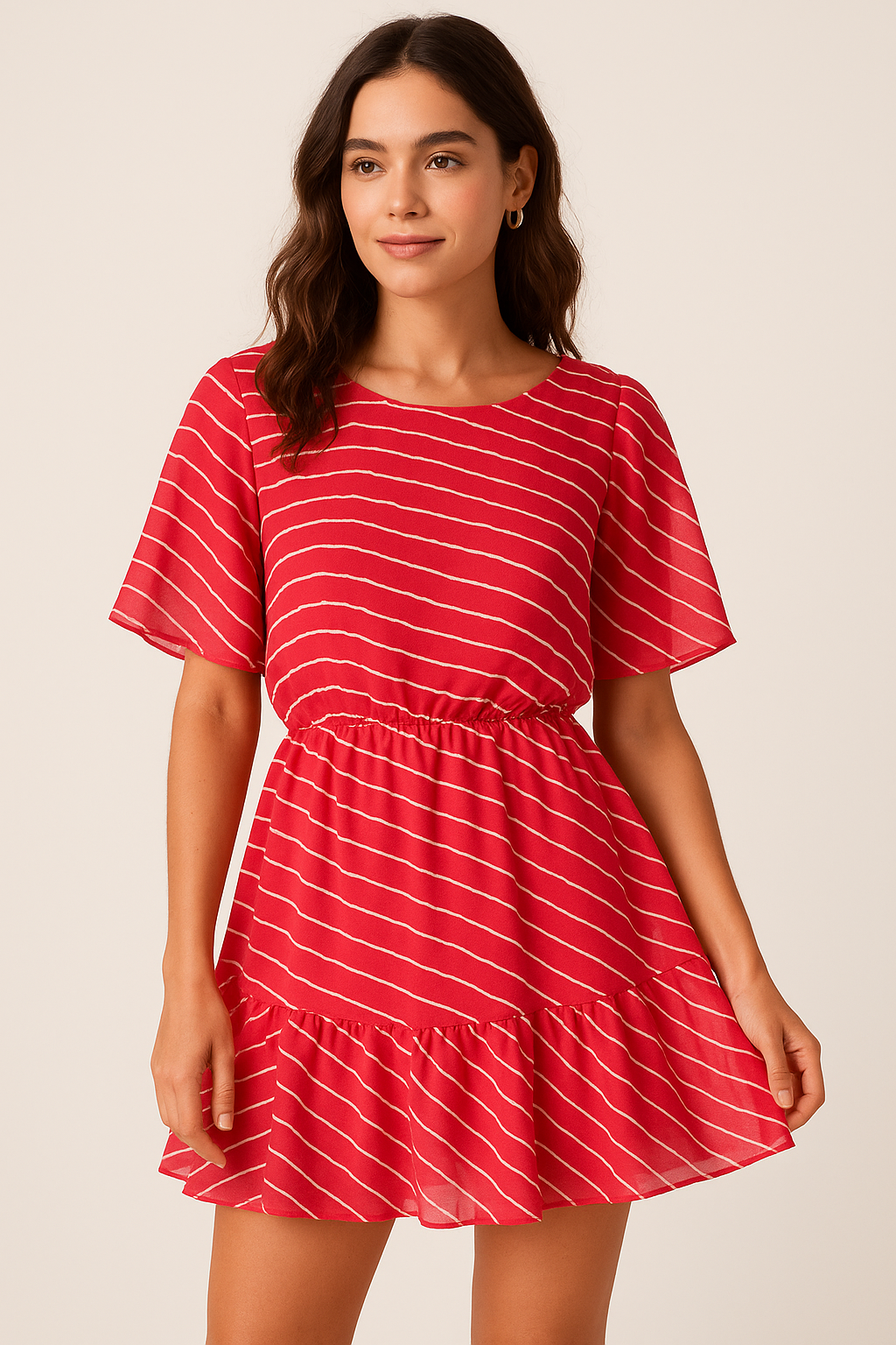 Multi Regimental Red Strips Digital Printed Fabric - Pure Georgette