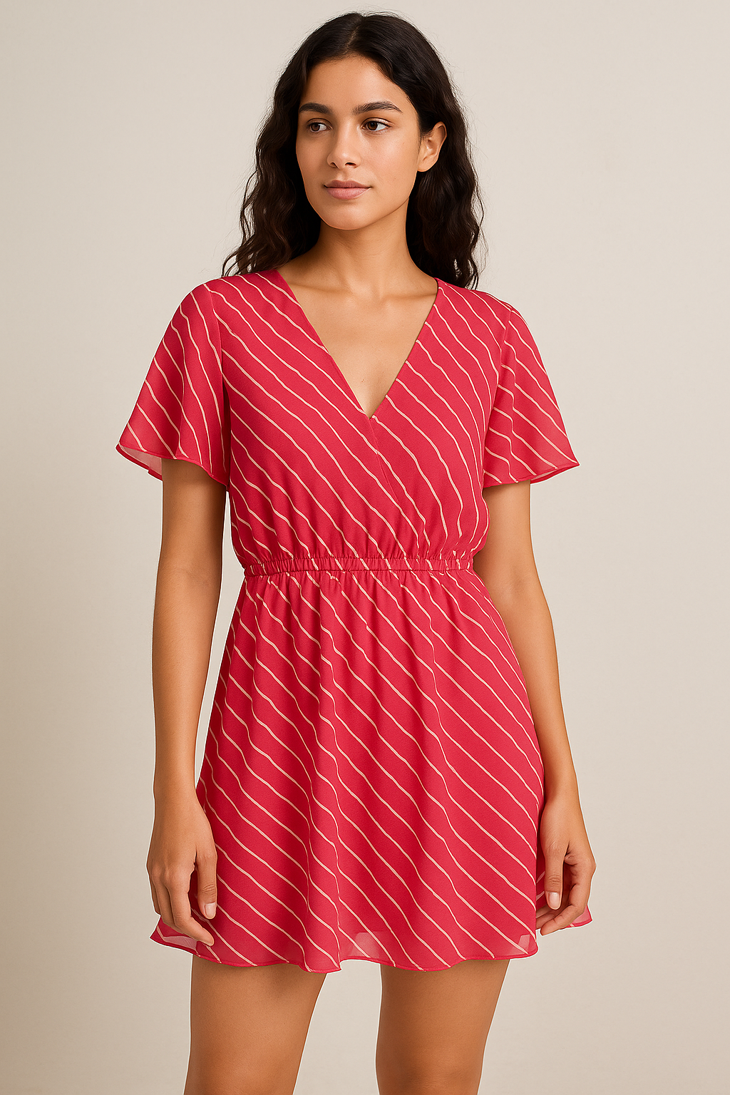 Multi Regimental Red Strips Digital Printed Fabric - Pure Georgette