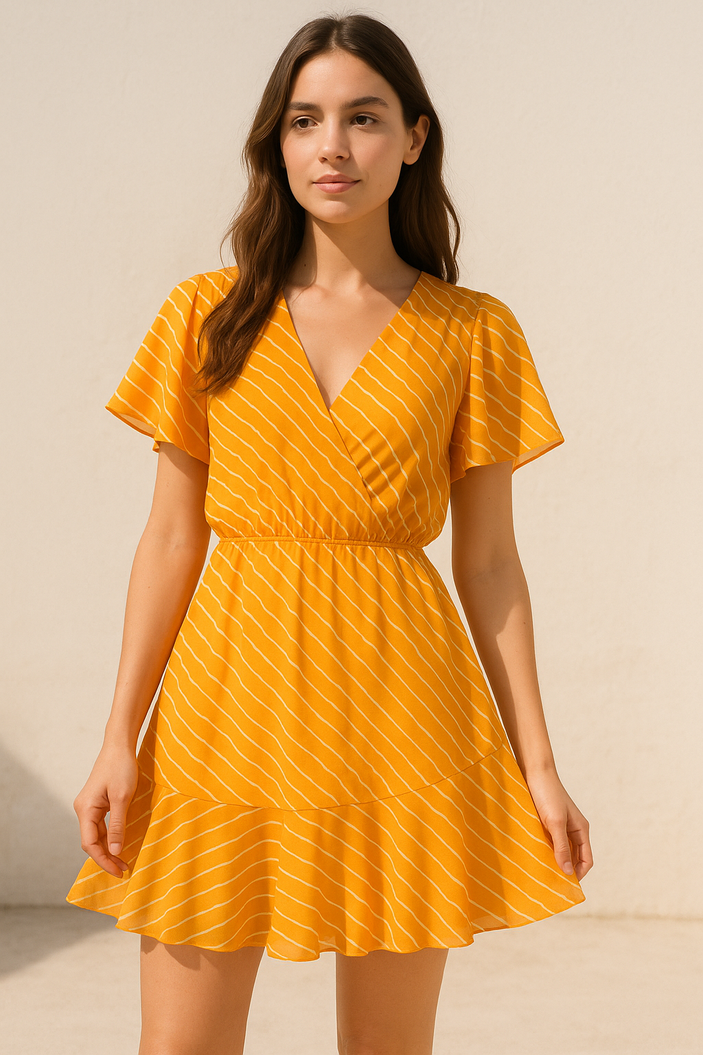 Decorative Yellow Gradient Strips Wave Digital Printed Fabric - Pure Georgette