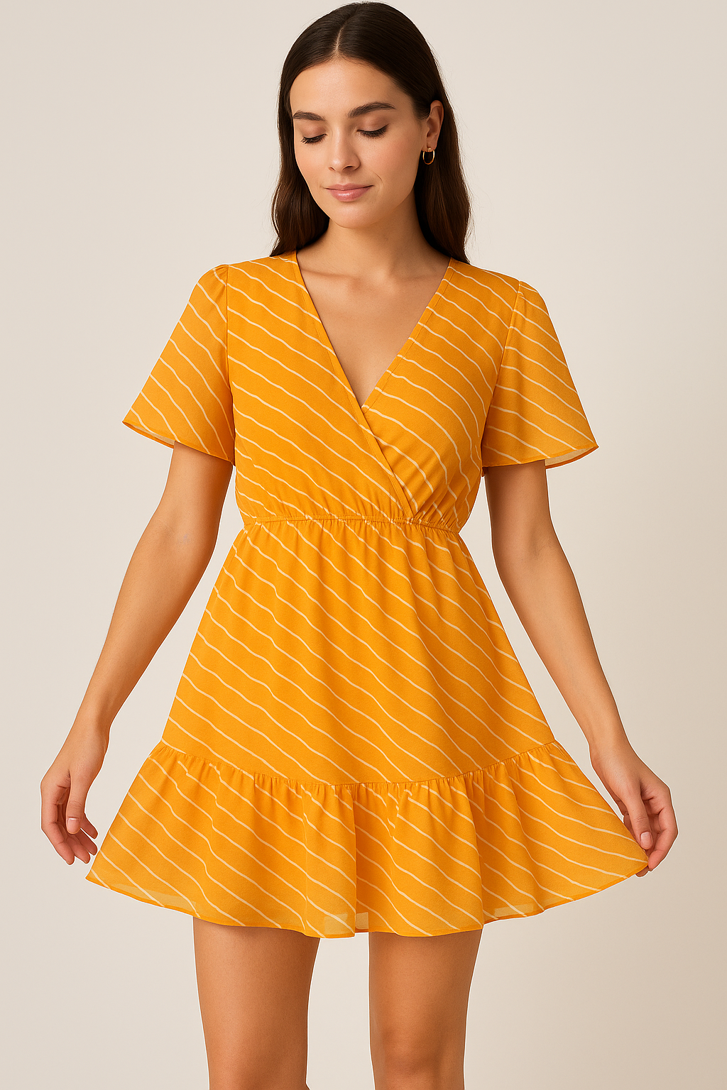 Decorative Yellow Gradient Strips Wave Digital Printed Fabric - Pure Georgette