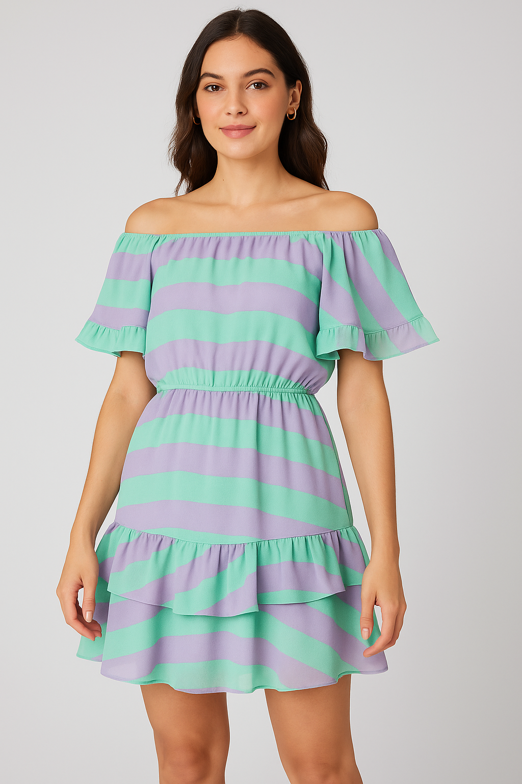 Green And Violet Stripes Digital Printed Fabric  - Pure Georgette