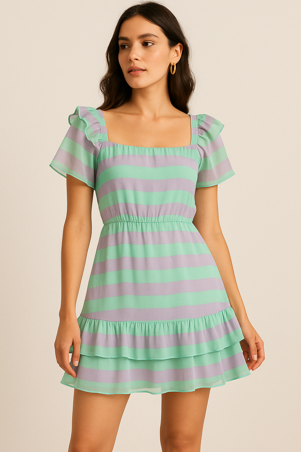 Green And Violet Stripes Digital Printed Fabric  - Pure Georgette