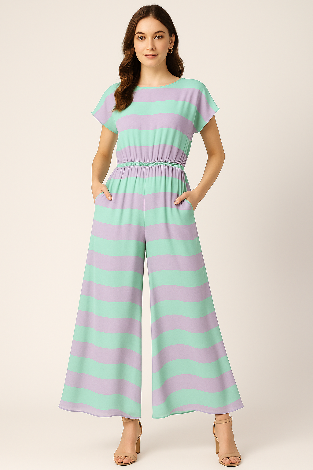 Green And Violet Stripes Digital Printed Fabric  - Pure Georgette