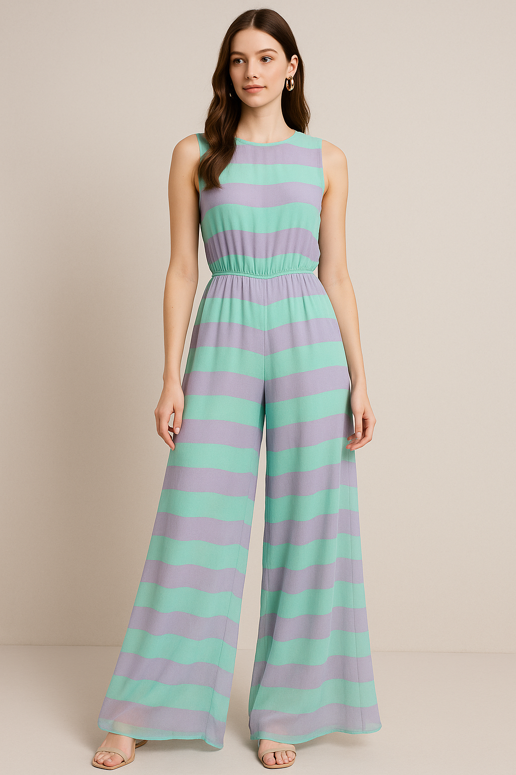 Green And Violet Stripes Digital Printed Fabric  - Pure Georgette