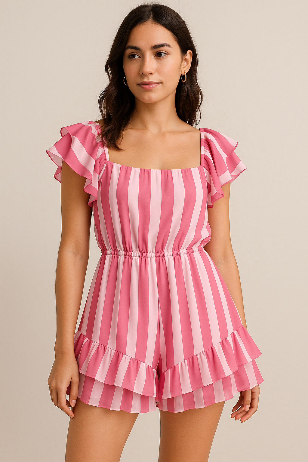 Peach And Pink Stripes Digital Printed Fabric  - Pure Georgette