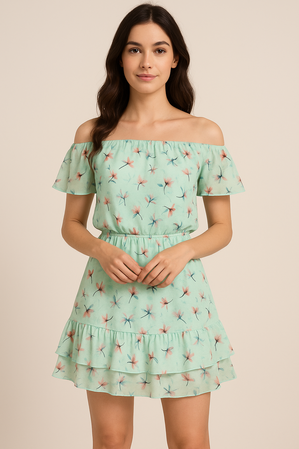 Brown Floating Flower On Rama Green Digital Printed Fabric  - Pure Georgette