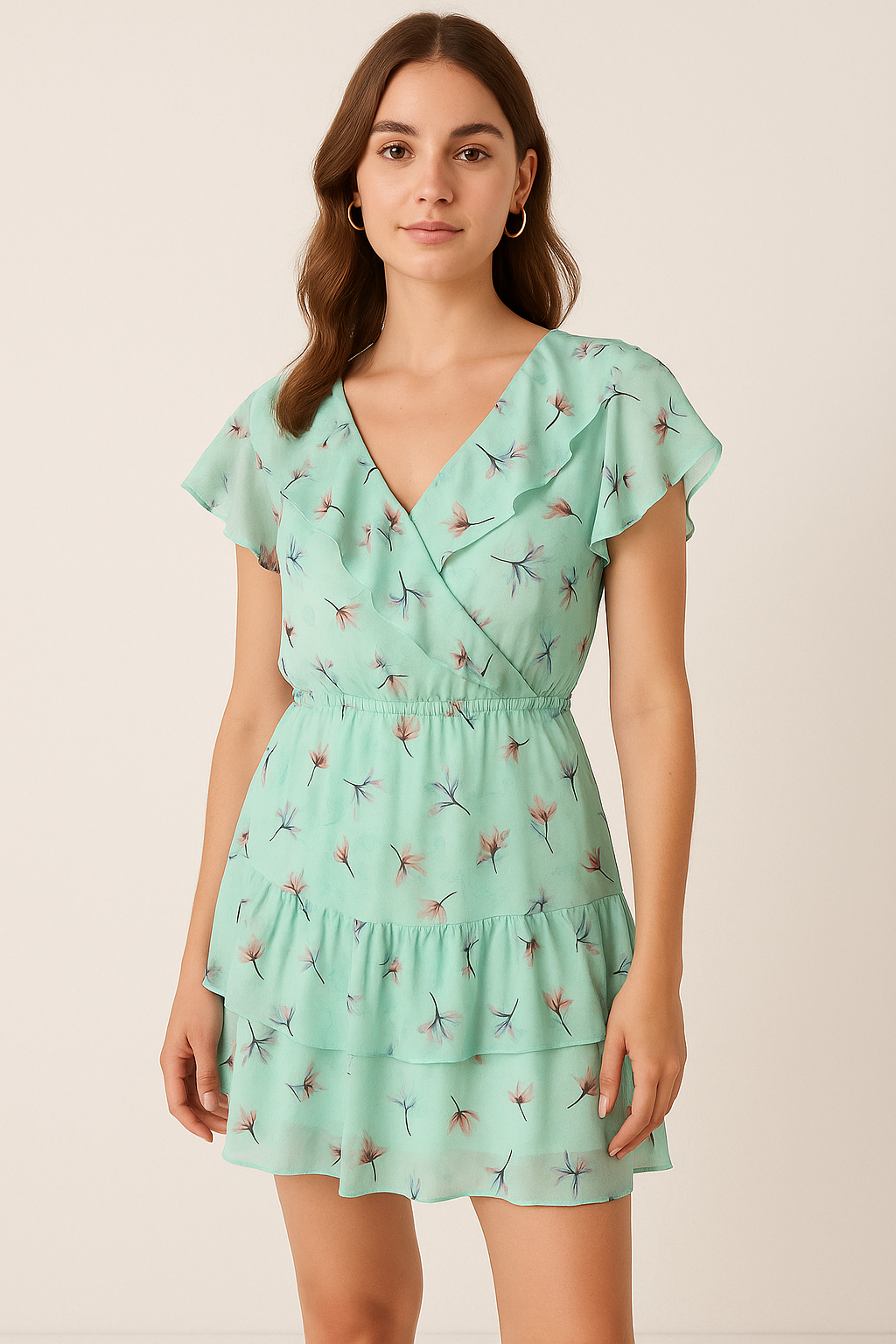 Brown Floating Flower On Rama Green Digital Printed Fabric  - Pure Georgette