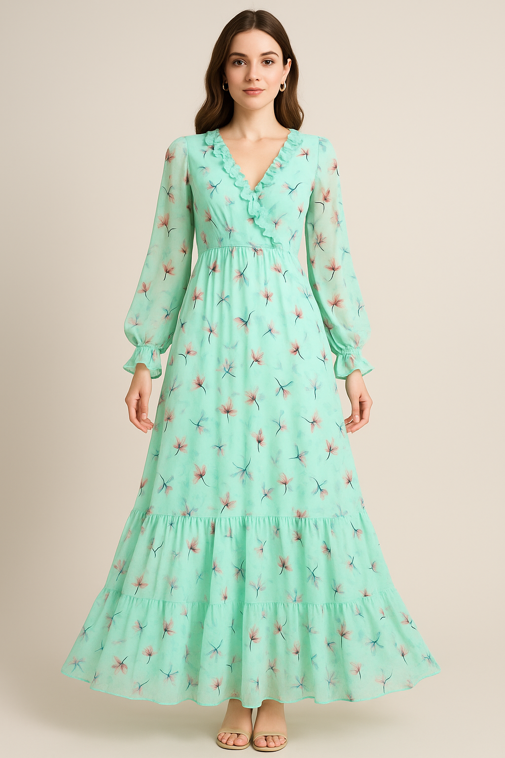 Brown Floating Flower On Rama Green Digital Printed Fabric  - Pure Georgette