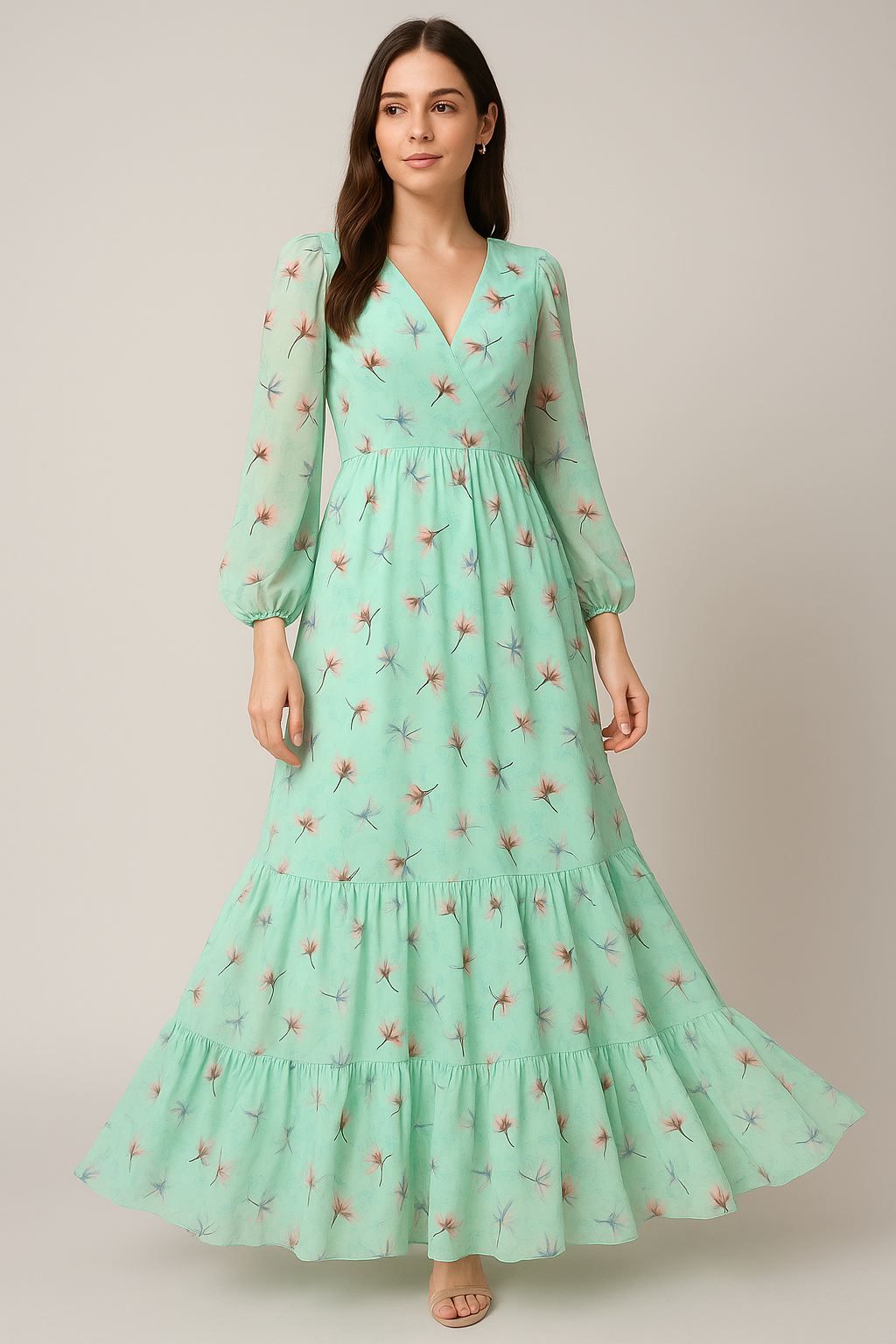 Brown Floating Flower On Rama Green Digital Printed Fabric  - Pure Georgette