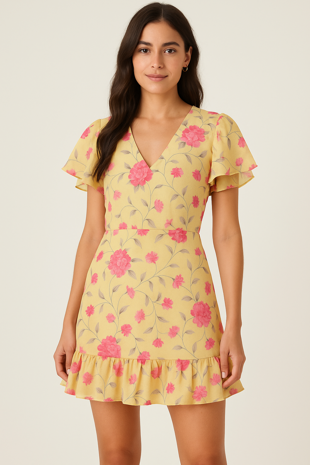 Pink Flower On Lemon Yellow Digital Printed Fabric  - Pure Georgette