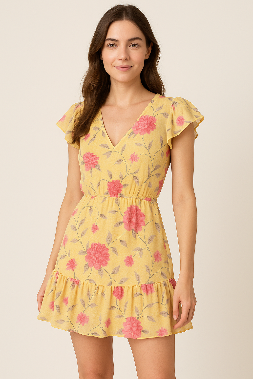 Pink Flower On Lemon Yellow Digital Printed Fabric  - Pure Georgette