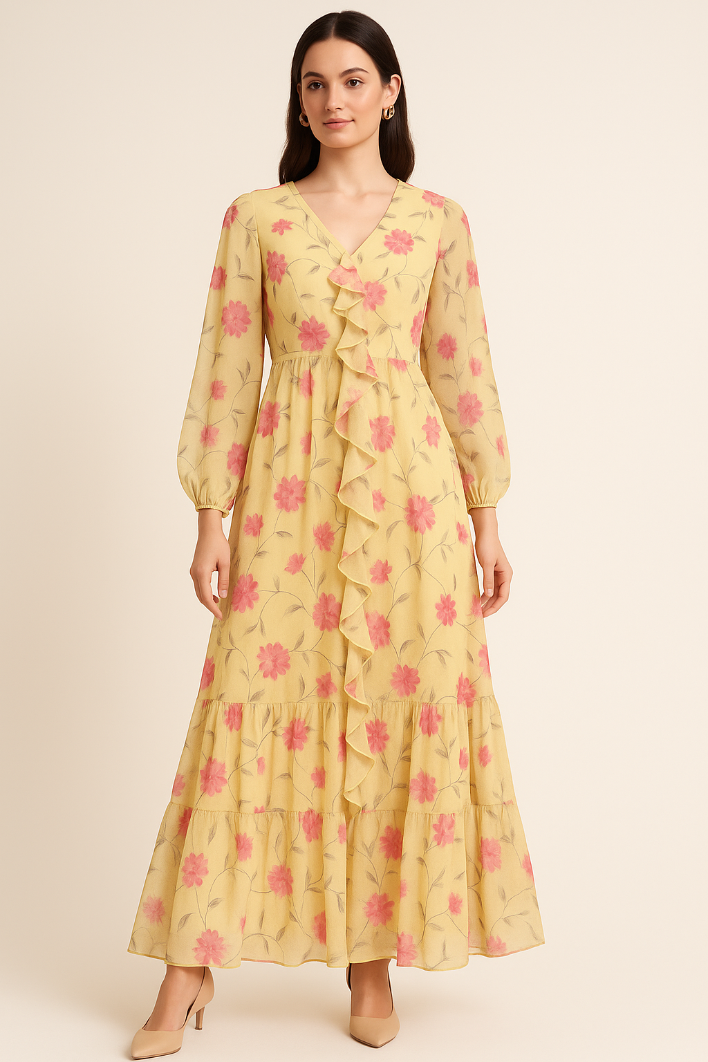 Pink Flower On Lemon Yellow Digital Printed Fabric  - Pure Georgette