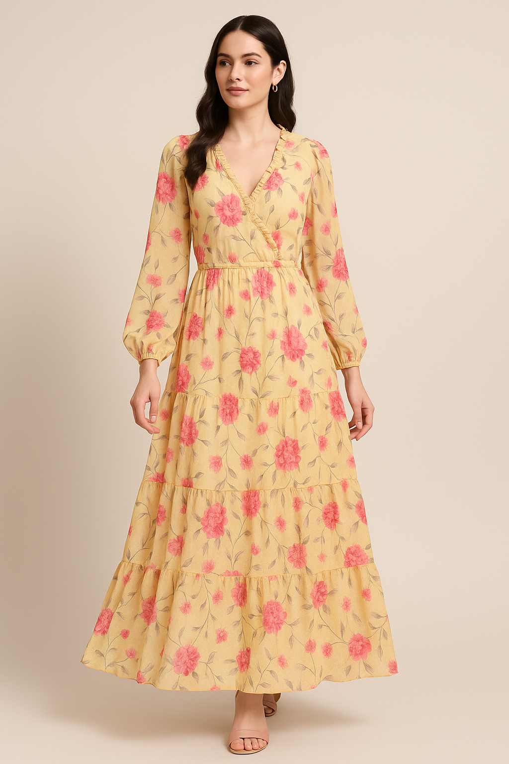 Pink Flower On Lemon Yellow Digital Printed Fabric  - Pure Georgette