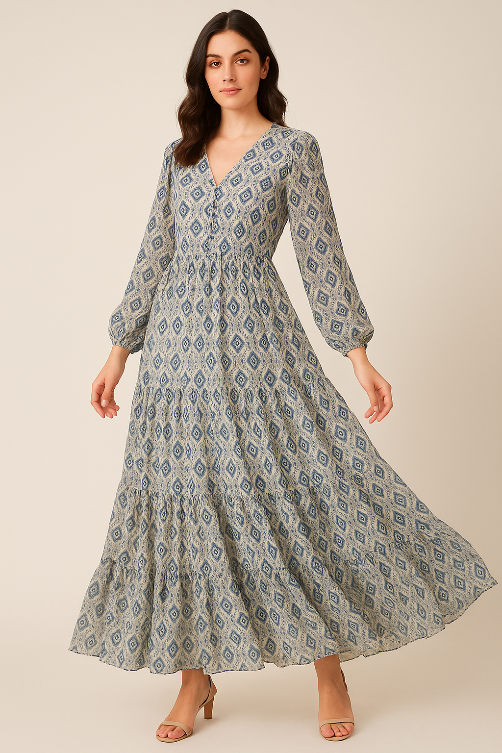 Tiny Blue Medallion Motif Digital Printed Fabric  - Pure Georgette