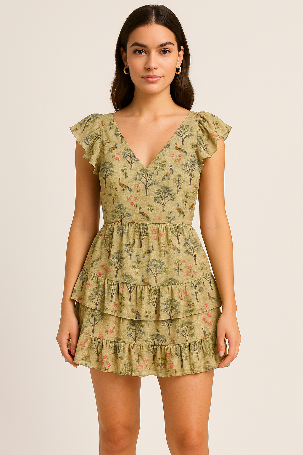 Pista Chinoiserie With Birds Digital Printed Fabric - Pure Georgette