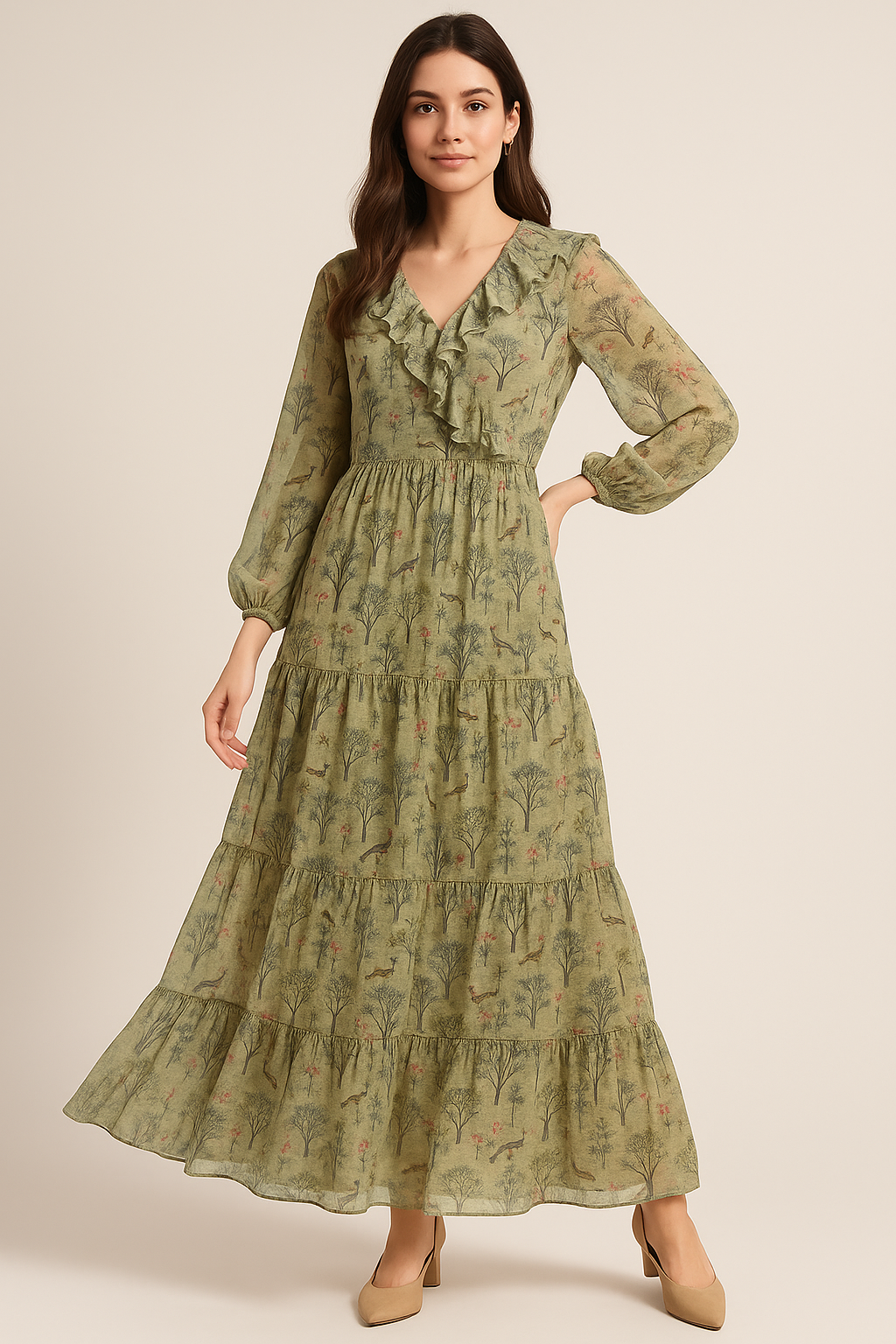 Pista Chinoiserie With Birds Digital Printed Fabric - Pure Georgette