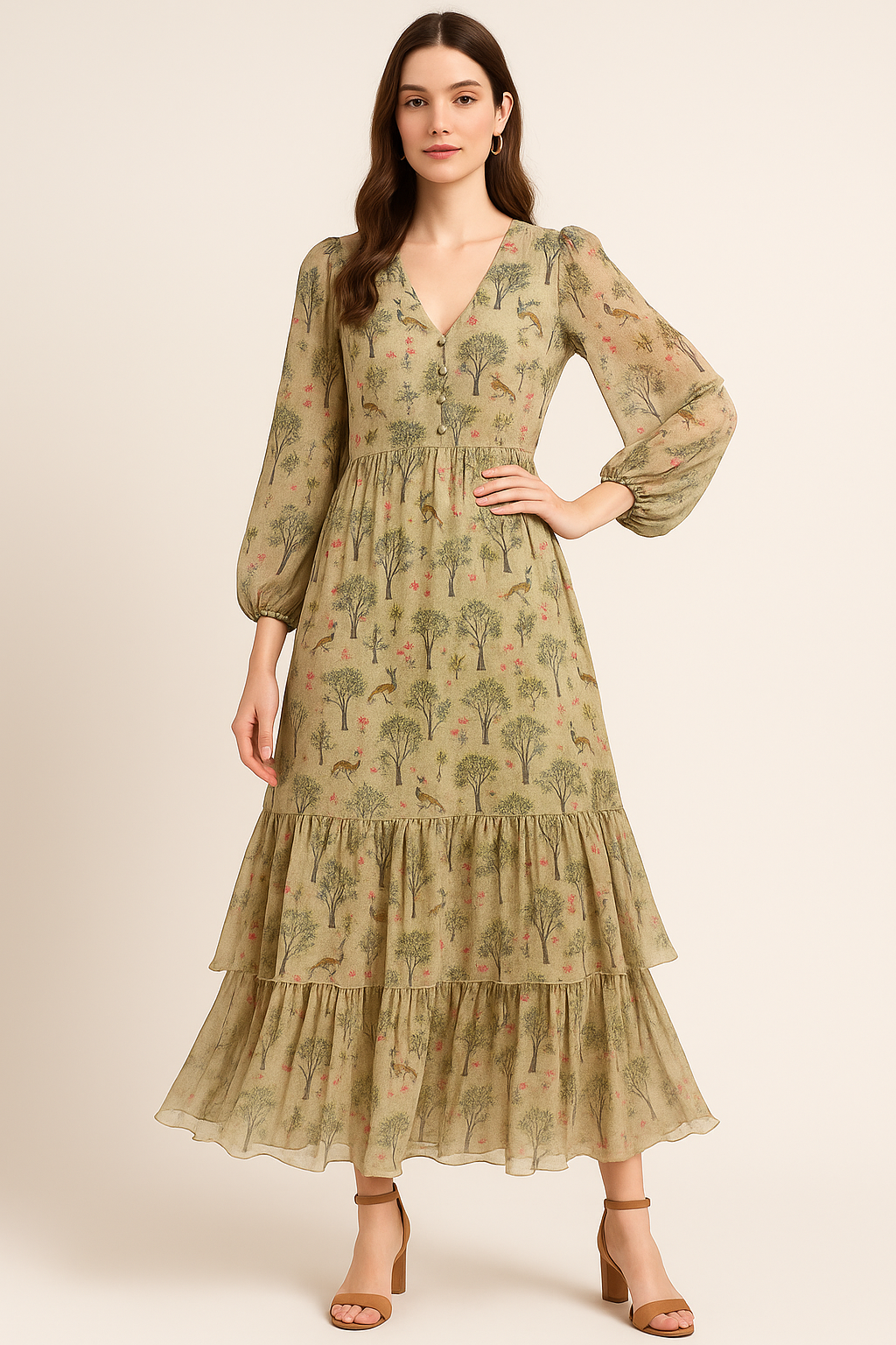 Pista Chinoiserie With Birds Digital Printed Fabric - Pure Georgette