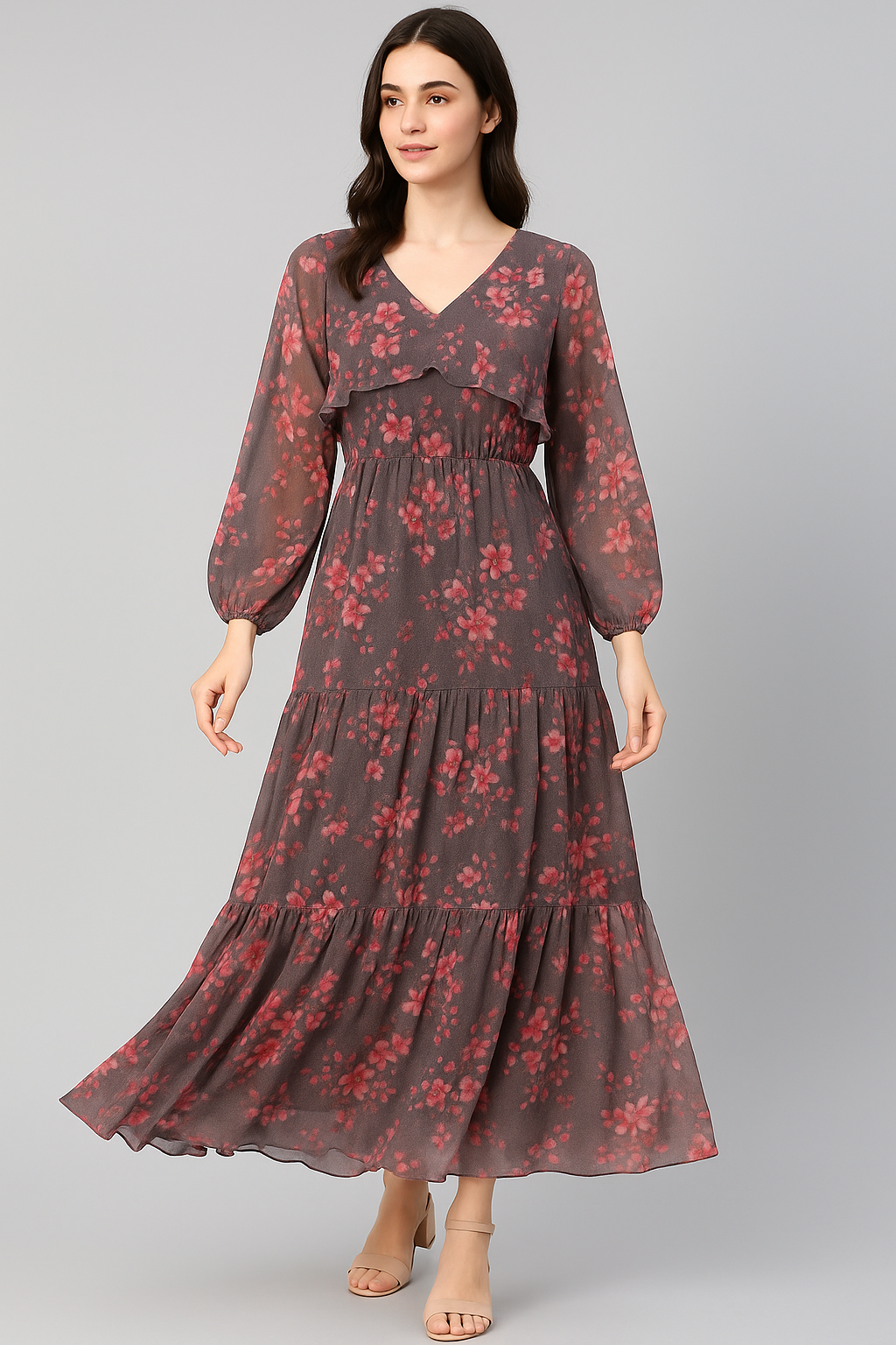 Pinkish Flower Bunch Repeat Digital Printed Fabric - Pure Georgette