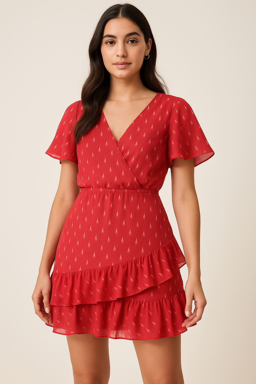 Red Polka Motif Digital Printed Fabric - Pure Georgette