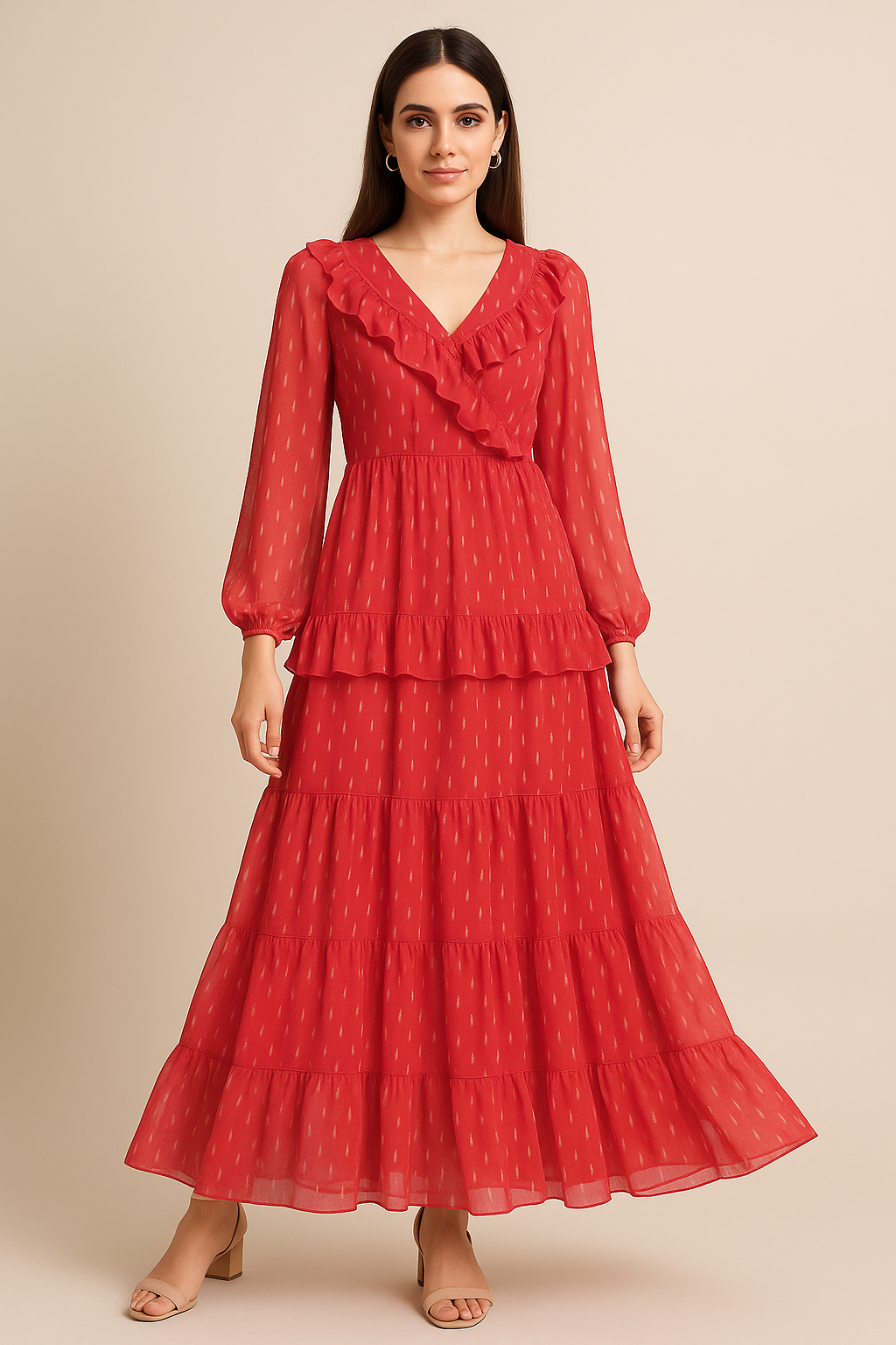 Red Polka Motif Digital Printed Fabric - Pure Georgette