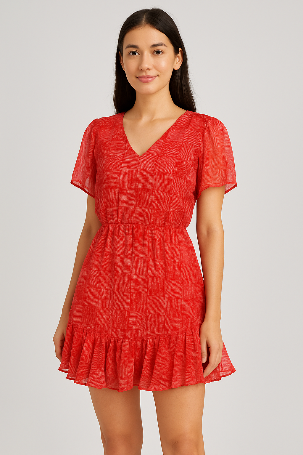 Checkes Textured Red And White Digital Printed Fabric - Pure Georgette