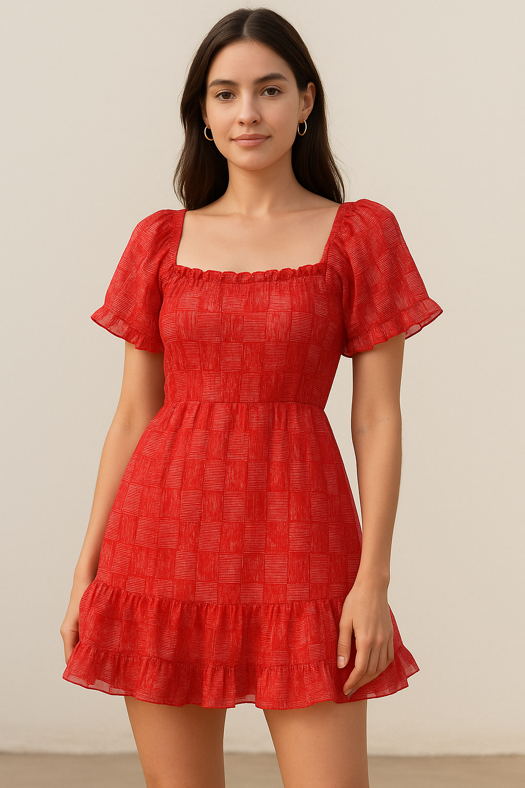 Checkes Textured Red And White Digital Printed Fabric - Pure Georgette