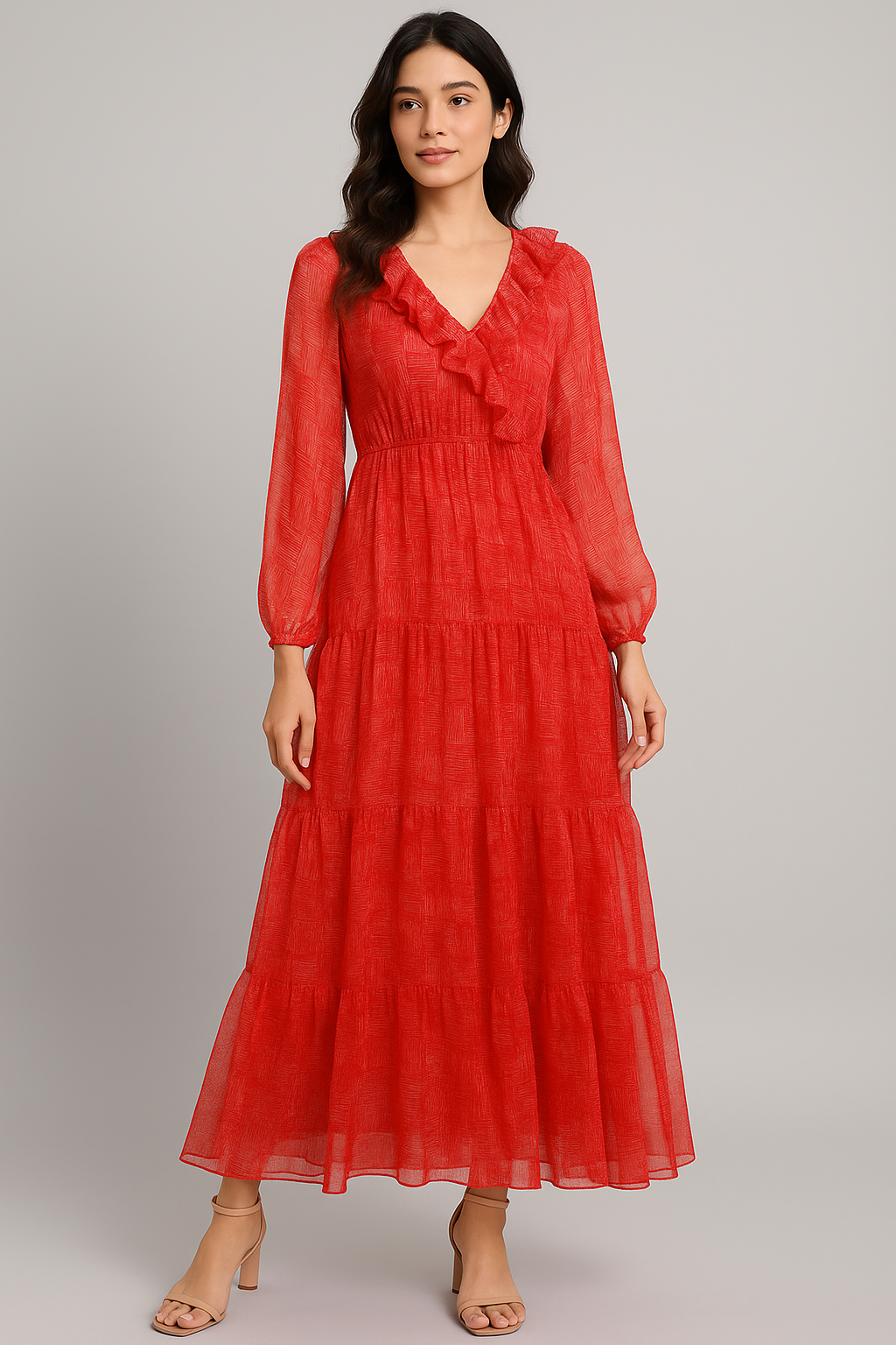 Checkes Textured Red And White Digital Printed Fabric - Pure Georgette