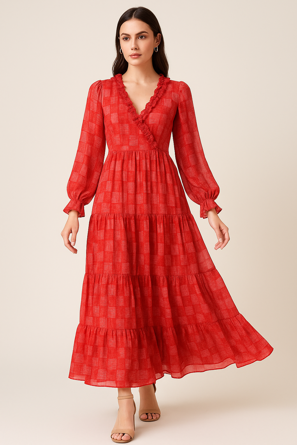 Checkes Textured Red And White Digital Printed Fabric - Pure Georgette