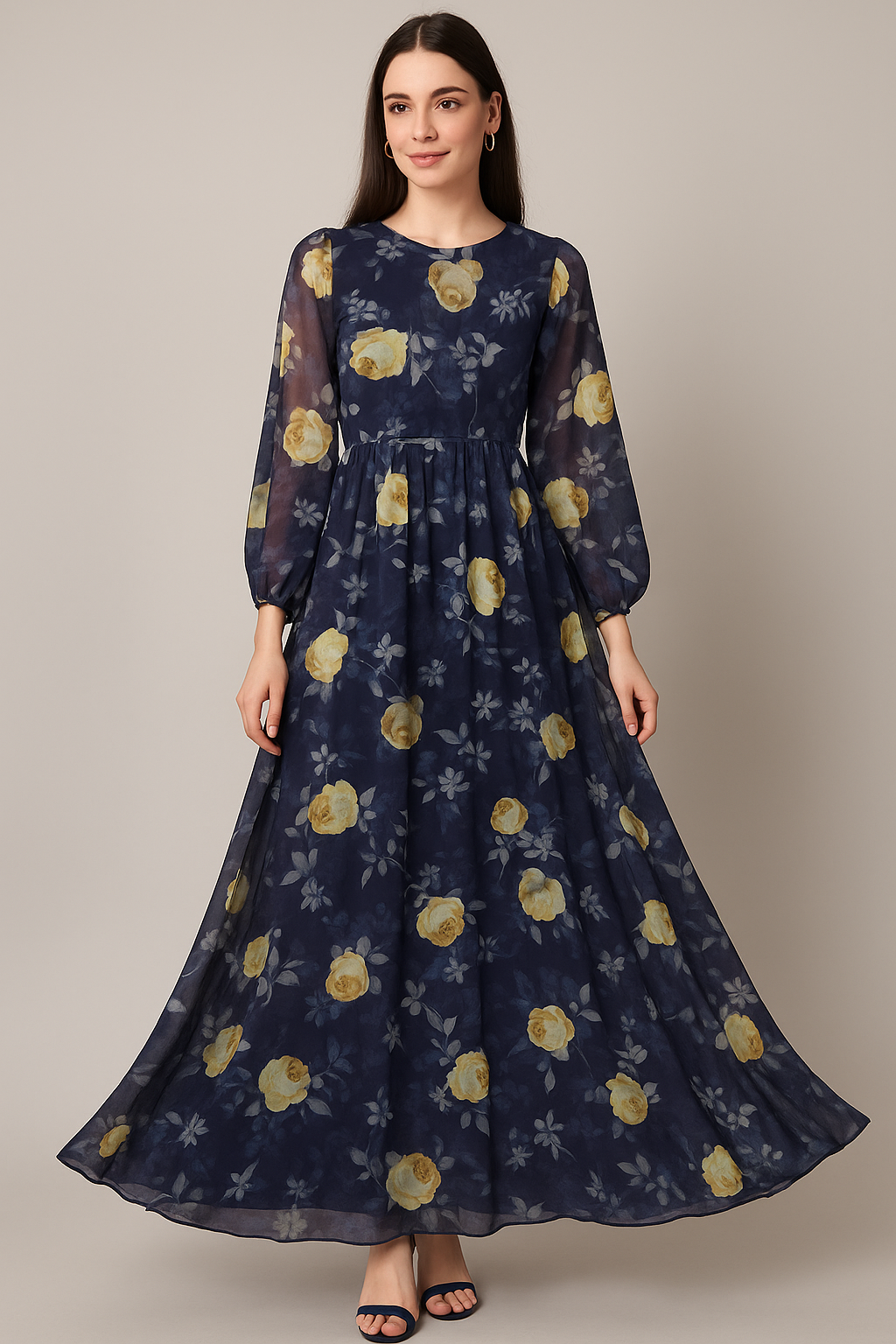 Elegant Floral Over Blue Base Digital Printed Fabric