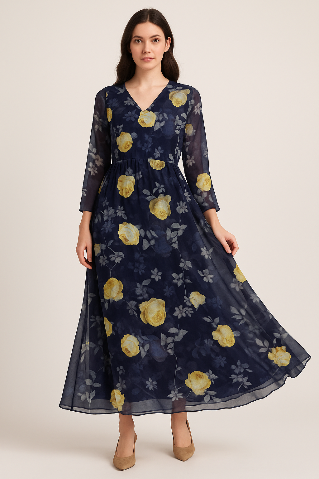 Elegant Floral Over Blue Base Digital Printed Fabric