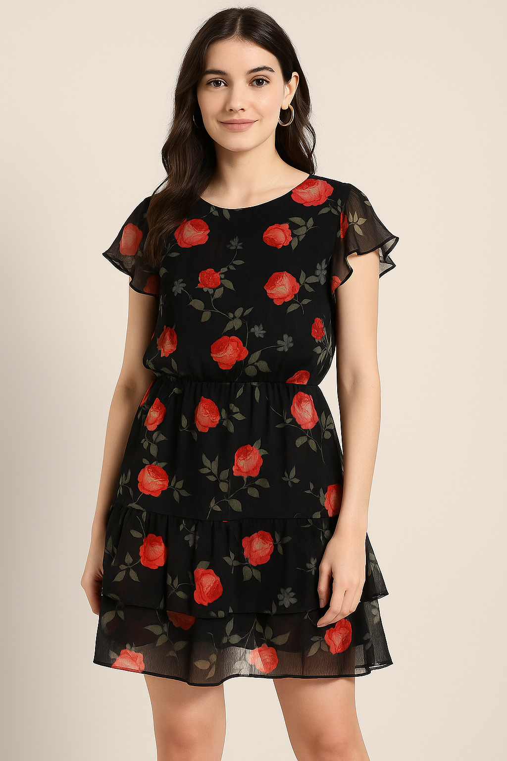 Elegant Floral Over Black Base Digital Printed Fabric