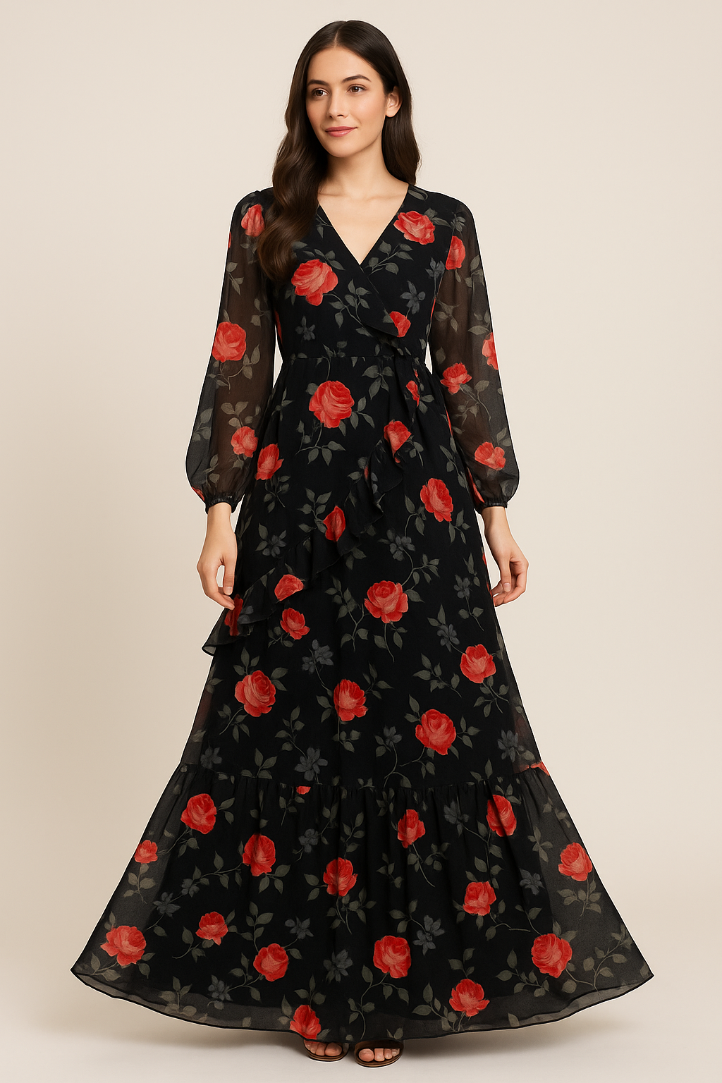 Elegant Floral Over Black Base Digital Printed Fabric